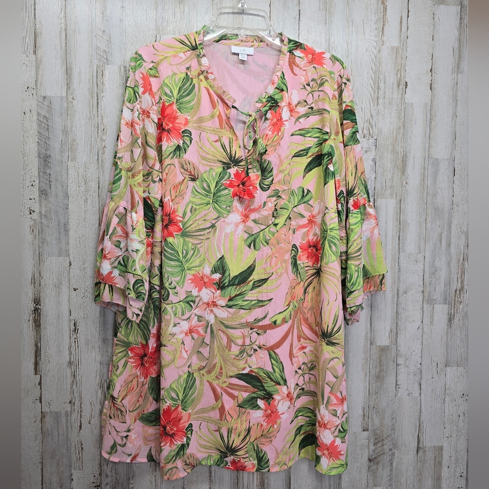 J. Jill Tropical Tunic Top 1X Tiered Ruffle Sleeve Beach Vacation Floral